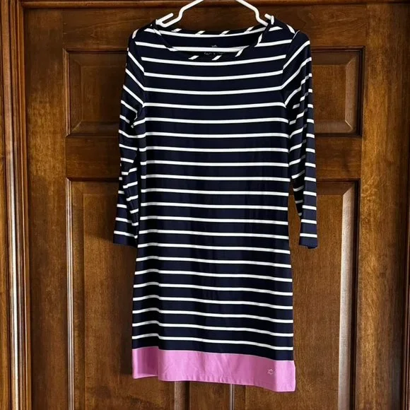 pink and navy striped dress Pink White Navy Stripes Design Women Dress V-Neck Short Sleeve Flowy Swing Party Midi Dress